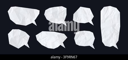 Crumpled speech bubble collection. Wrinkled paper comic chat boxes set. Torn paper dialogue shapes for sticker, collage, text box, banner, poster. Vector blank textured irregular scrapbook elements Stock Vector