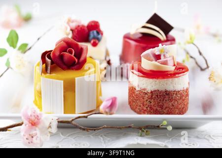 Various mini cakes on a white plate. Sweets decorated with fresh berries and flowers for holiday Stock Photo