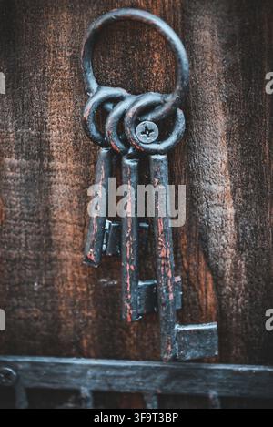 Some old rusty keys hanging on a wooden key chain Stock Photo