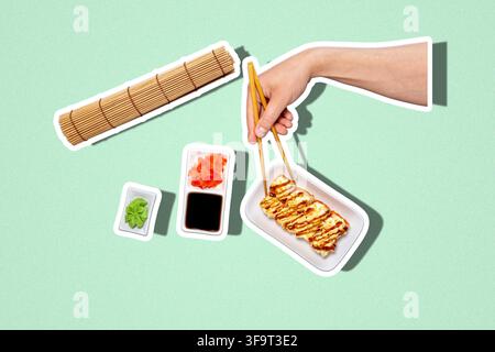 Abstract Sushi Roll Pop Art Minimalist Square Food Collage Stock Photo