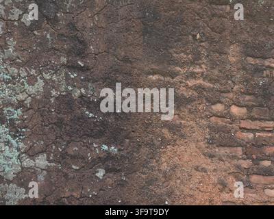 An aged stone wall featuring intricate cracks and organic lichen growth displaying a rugged texture suitable for architectural design projects Stock Photo