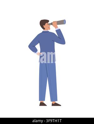 Businessman looking through telescope. Male character in suit standing back. Business concept Stock Vector