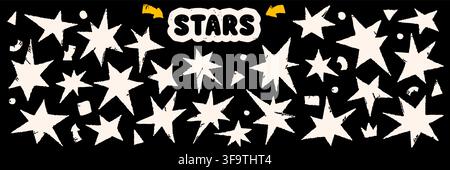 Pack with crayon abstract simple shape star elements. Scrapbook vector sparkling icons. Stock Vector