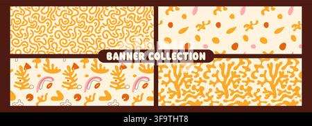 Collection of coral organic seamless banners. Abstract repeated simple shapes. Stock Vector