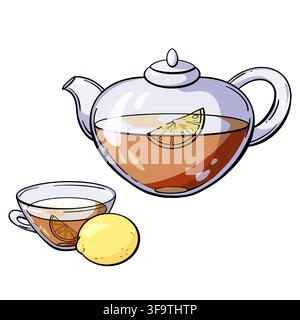 Lemon Tea Vector Set with Glass Teapot Cup and Citrus Elements Stock Vector