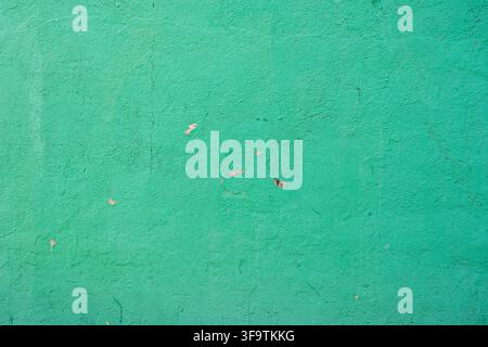 Textured Green Painted Wall with Peeling Paint and Cracks Close-Up Stock Photo