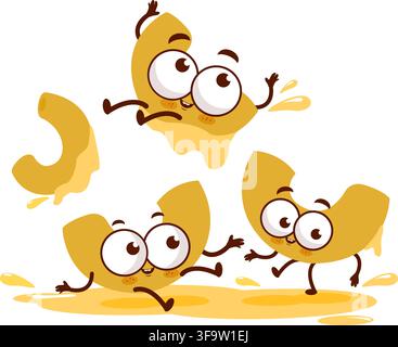Cartoon macaroni and cheese characters. Funny pasta cartoon for kids meal splashing on yellow cream cheese sauce. Tasty food menu for children. Stock Vector