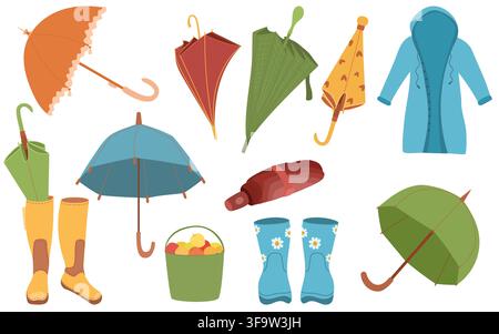 Umbrellas, rain boots, raincoat, folded umbrellas and basket clipart collection for autumn. Stock Vector