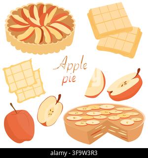 Apple pie, apple slices, whole apples and pastry pieces clipart set for baking Stock Vector