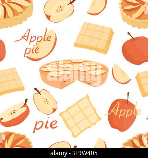 Apple pie, whole apples, apple slices, pie crust and lettering seamless pattern for baking Stock Vector