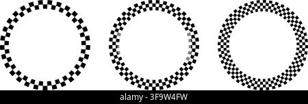 Checkered circle frames set. Circle frame with checkerboard geometric pattern. Round chess border with black and white square pattern. Round race Stock Vector