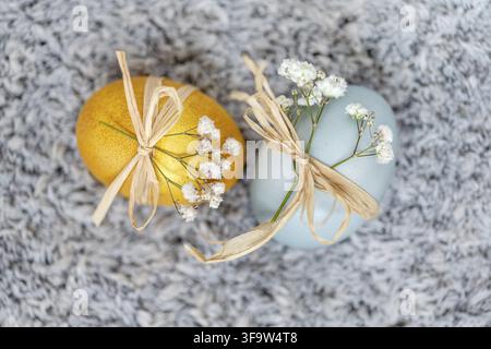 Two colored Easter eggs, festive decoration. High resolution photo Stock Photo