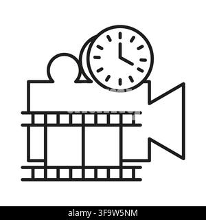 Video camera recorder clock outline vector icon features line art. It visualizes movie production time Stock Vector