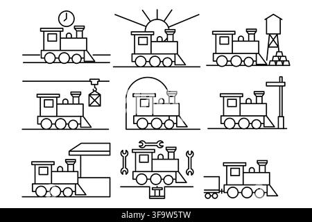Locomotive train set with railway transport black vector collection Stock Vector