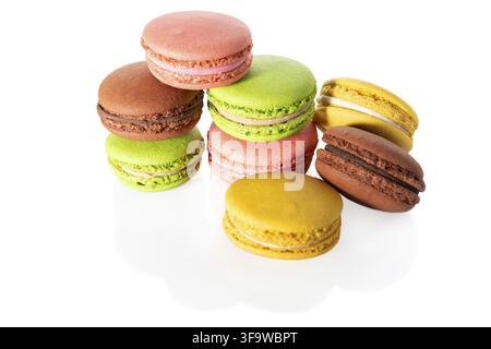Several macaroons isolated on white background, close view Stock Photo