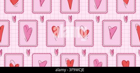 Coquette patchwork pattern with doodle heart motifs. Vector illustration of cute girly textile with red hearts in frames on pink polka dot background, seamless pastel plaid design with love signs Stock Vector