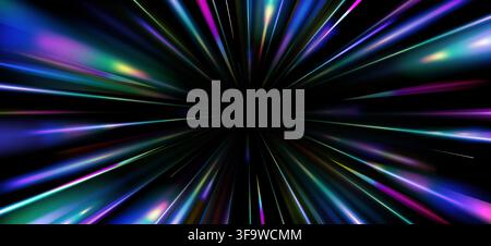 Radiant light burst with rainbow spectrum rays exploding from center. 3d vector realistic illustration, colorful beams creating dynamic speed effect on black background, holographic abstract backdrop Stock Vector