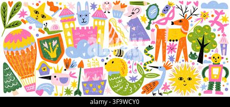 Fantasy crayon animals drawn on white background. Vector cartoon illustration of fairy tale castle, cute pastel pattern with deer, mouse, robot and birds, sun, tree and stars, child room design Stock Vector