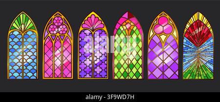 Gothic church windows set with ornate frames isolated on black background. Vector realistic illustration, medieval cathedral architecture with stained glass, vintage religious patterns, classic arches Stock Vector