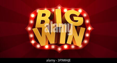 Big Win gold sign with retro light bulbs on a dark red background for casino or lottery. Vector illustration Stock Vector