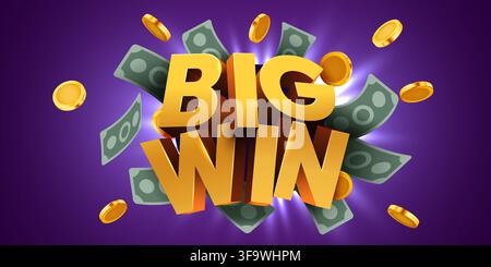 Big win 3D text with falling gold coins and paper money, success concept design. Vector illustration. Stock Vector