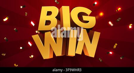Big win golden 3D typography on a red background with falling confetti. Celebration party concept. Vector illustration. Stock Vector