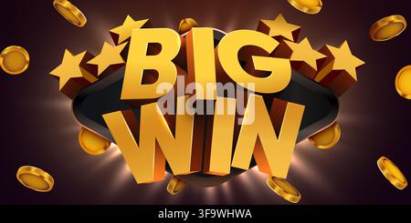 Big win golden 3D text with falling coins and stars. Luxury casino style background for your design. Vector illustration Stock Vector