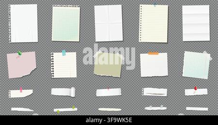 Sticky notes and paper sheets for reminders and notes. Set of vector realistic note papers with pin and adhesive tape with different colors. Stock Vector