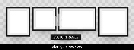 Set of black photo frames with white mockups isolated on transparent background. Vector illustration. Stock Vector