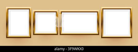 Set of realistic golden picture frames on a beige background. Elegant mockup for home decor. Vector illustration Stock Vector