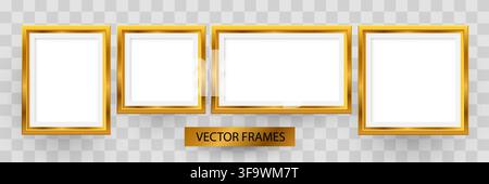Set of realistic golden picture frames for interior gallery design. Elegant luxury art displays. Vector illustration. Stock Vector