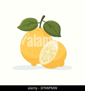 Fresh whole and half lemon vector illustration for menu and packaging. Isolated yellow citrus fruit Stock Vector
