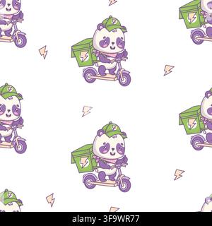 Cute Kawaii Panda Courier on Scooter Seamless Pattern On White Background. Happy Bear Mascot Character with Parcel Delivery Box Showing Thumbs Up Gest Stock Vector