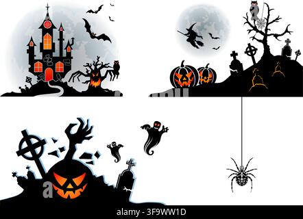 Happy Halloween Party Banners with Castle on Full Moon Background, Zombie, Witch and Halloween Pumpkins. Vector illustration Stock Vector
