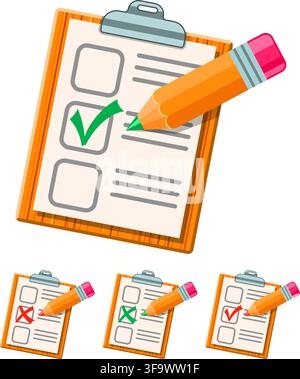 Education Flat Icon Set for Flyer, Poster, Web Site Like Test, Pencil, Clipboard, Tick and cross tick. isolated vector illustration Stock Vector