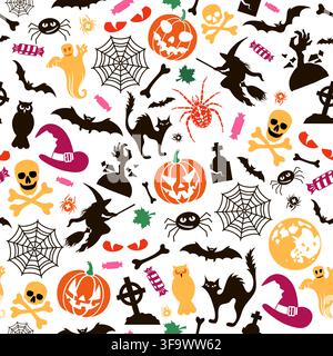 Seamless Halloween Pattern with bats, ghost and pumpkin. Isolated vector illustration Stock Vector