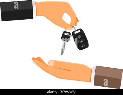 hand giving car keys in the other hand. purchase or rental car concept with flat style icon. isolated vector illustration Stock Vector