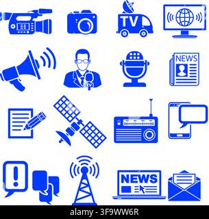 Media and News Icons Set with Journalism, Television, Newspaper and SMS. Isolated vector illustration Stock Vector