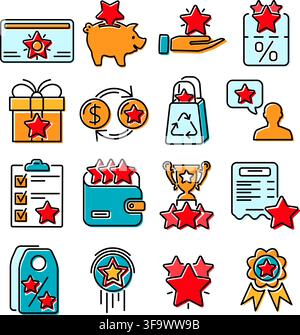 Loyalty Program colored line icons set. Customer rewards with bonuses. Gift promotion, discount coupons, bonus growth, exchange for money and presents Stock Vector
