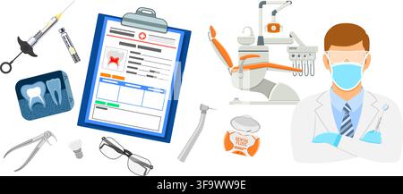 Dental Services horizontal banners with Dental Record. Icons in Flat Style Doctor, Dentist Chair, X-Ray and Braces. Vector illustration Stock Vector