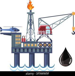 Oil drilling platform concept with Flat Icons extraction and oil drop. isolated vector illustration Stock Vector