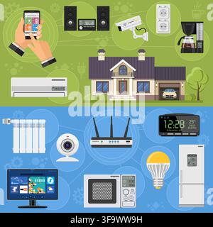 Smart House and internet of things horizontal banners. Smartphone and Router controls smart home like security camera, fridge, coffee maker, microwave Stock Vector