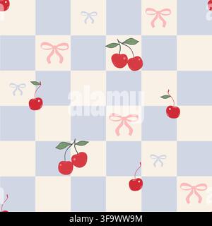 Blue plaid vibrant cherry and bows seamless fabric design blue pattern. Vector illustration Stock Vector