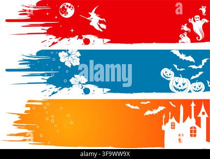 Three grunge Halloween frame with bat, pumpkin, witch, ghost, element for design, vector illustration Stock Vector