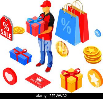 Customer loyalty programs as part of customer return marketing. gift box reward, returns, interest, points, bonuses. support gives gift according to l Stock Vector