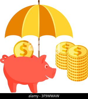 Deposit Insurance Flat Icon for Web Site, Advertising with Piggy Bank, Umbrella, Coins. Stock Vector