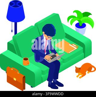 businessman working remotely from home. man sits at sofa and working on laptop. manager convened an online meeting. isometric characters. stay home co Stock Vector