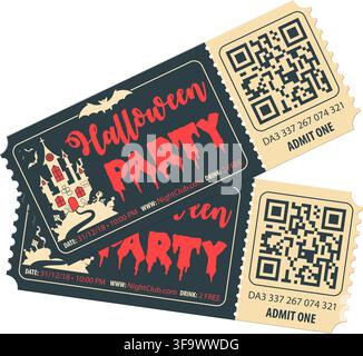 Two Halloween Party Tickets with Castle, Bat, Zombie and Halloween Lettering. Vector illustration Stock Vector