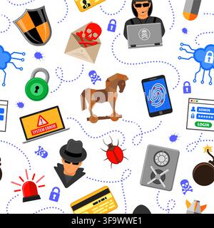 Internet Security Seamless Pattern with Flat Icon Set for Flyer, Poster, Web Site Like Hacker, Virus, Spam and Fingerprint. Stock Vector