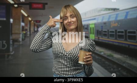 Woman holding a paper coffee cup touches hair and closes eyes on a train platform building beside a passenger train, wearing houndstooth top; commute Stock Photo